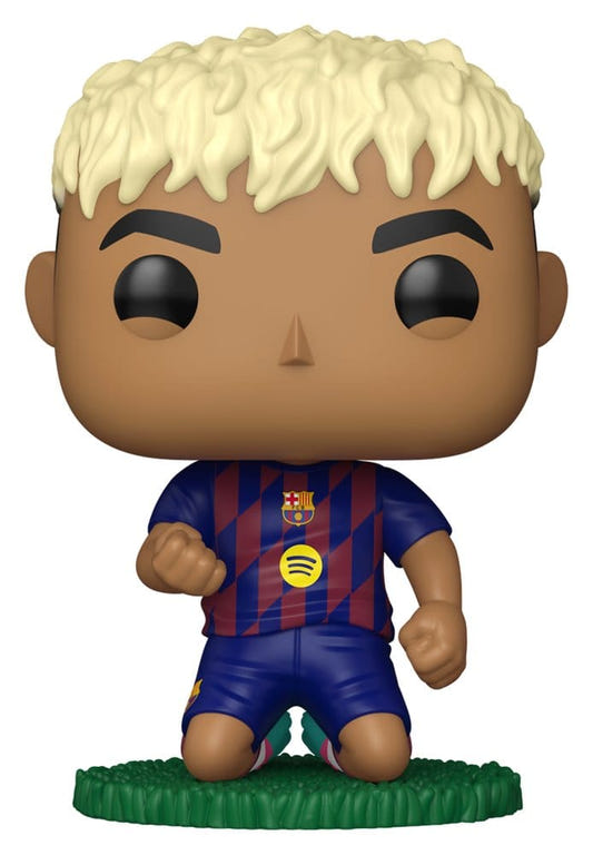 Funko Pop! Football Lamine Yamal figure kneeling in FC Barcelona kit, fist clenched