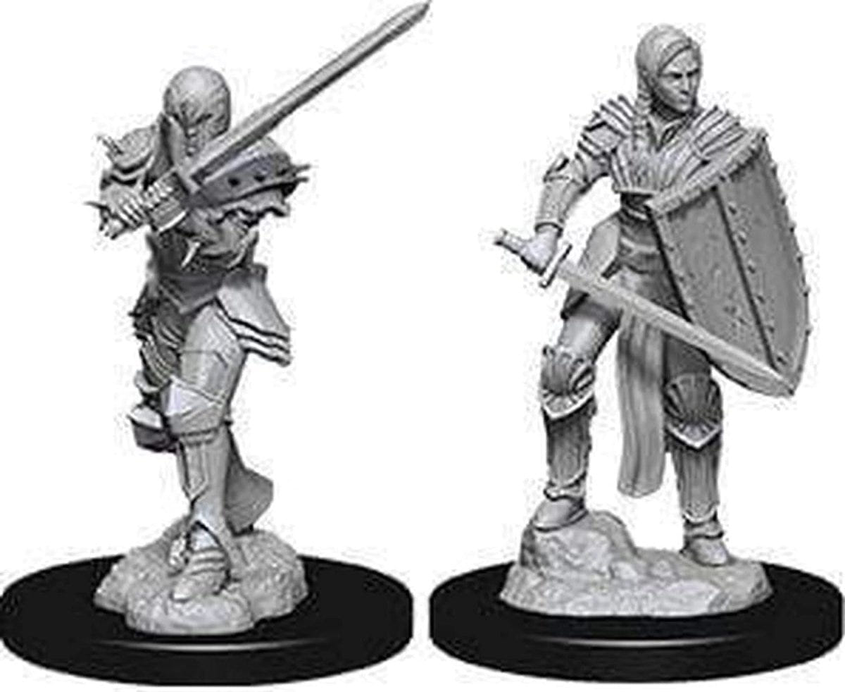 Two unpainted Female Human Fighter miniatures with swords and shields on black bases