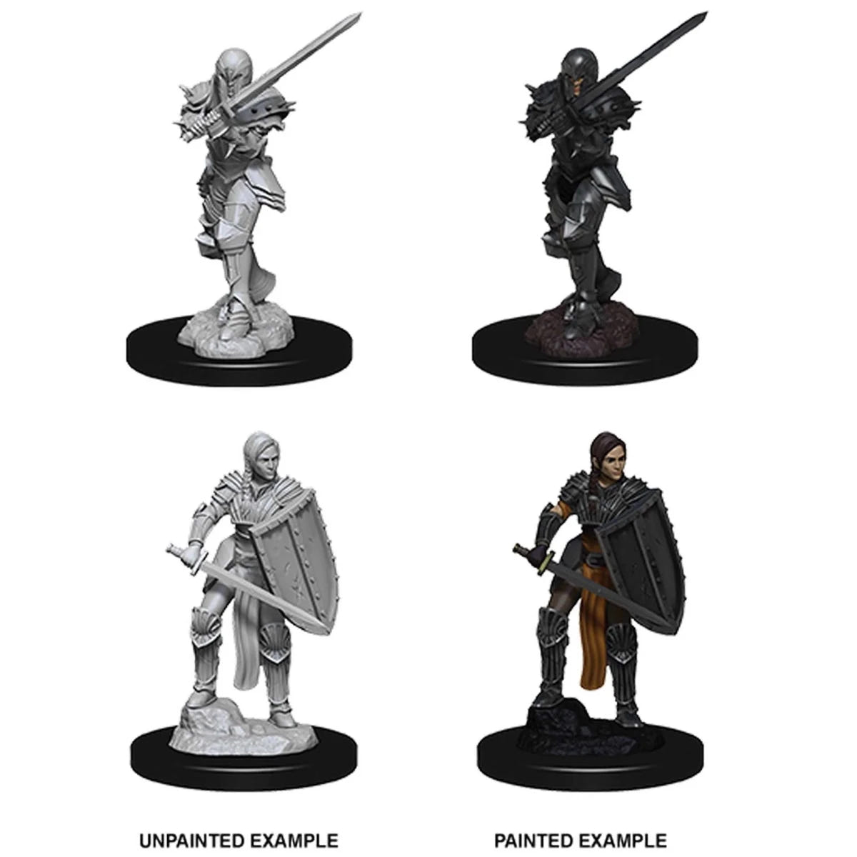 Female Human Fighter miniatures in two versions with sword and shield, unpainted and painted
