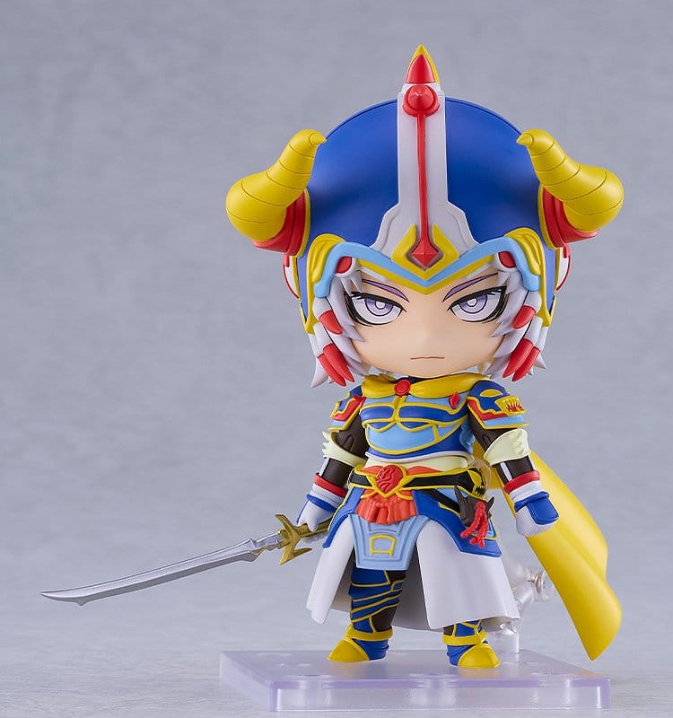 Nendoroid Warrior of Light front view on clear stand, serious face, sword lowered