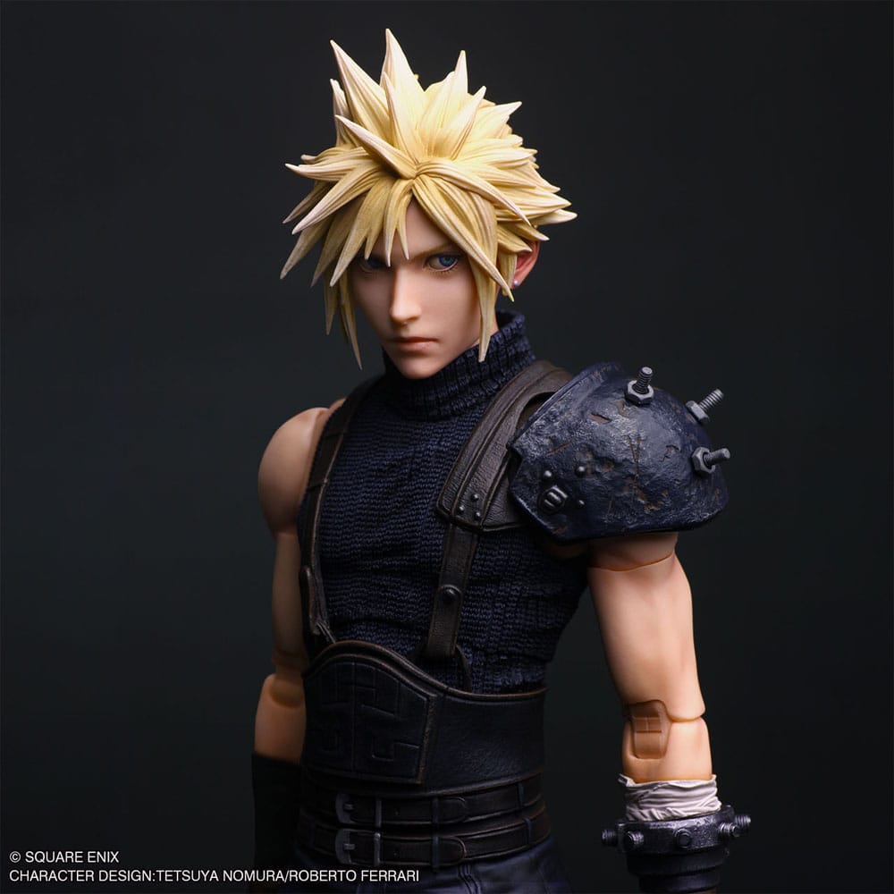 Close-up of the Cloud Strife figure's face, spiky blond hair and spiked shoulder pauldron
