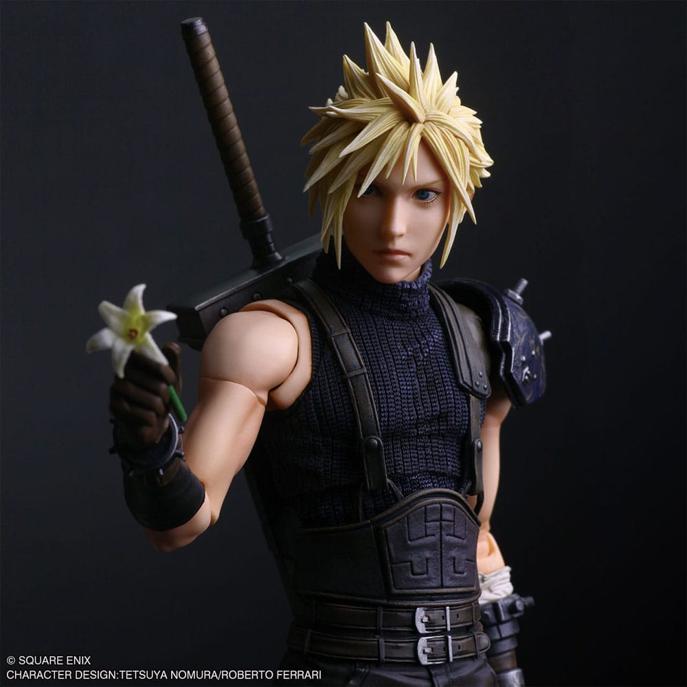 Cloud Strife figure holding a white flower with the Buster Sword strapped on his back