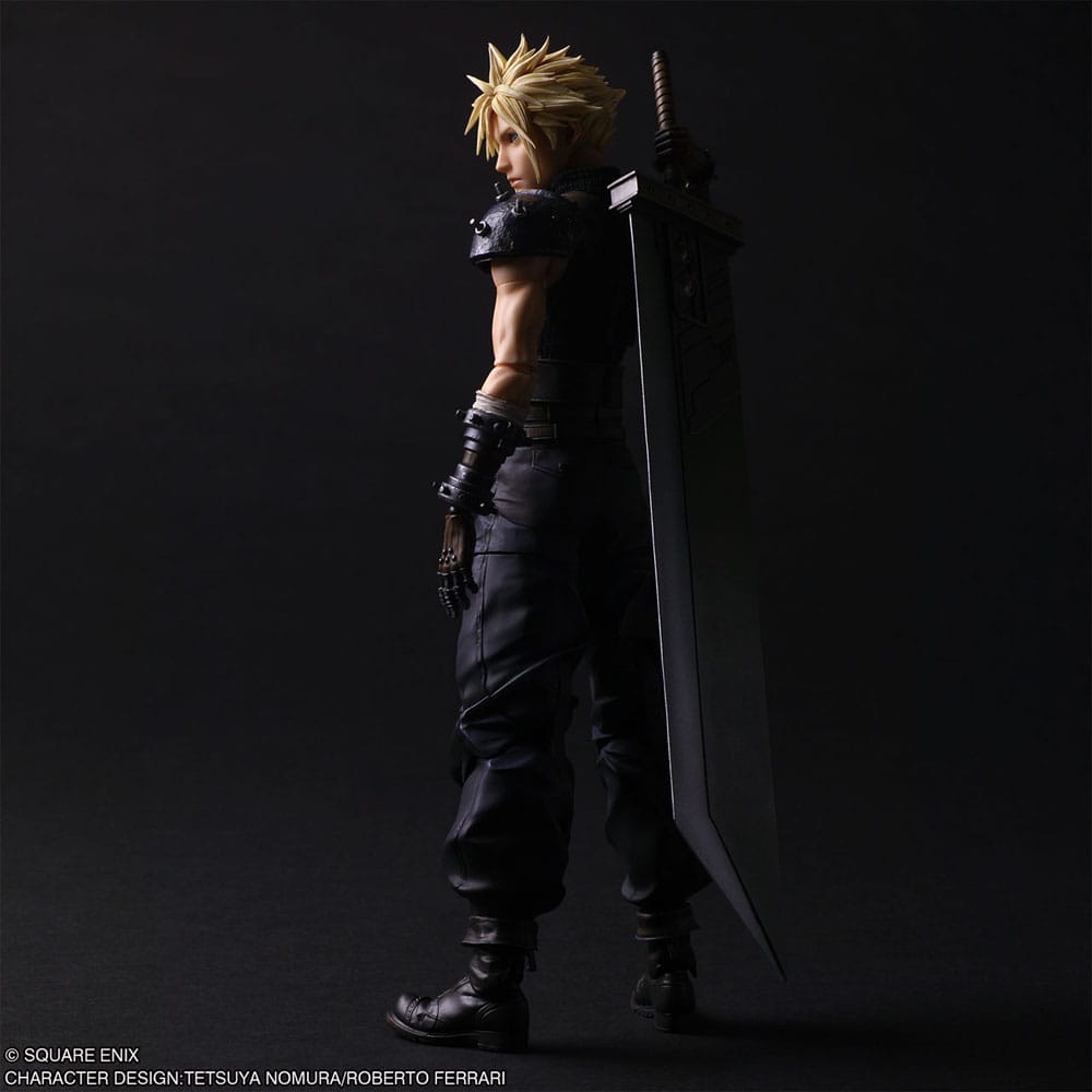 Side view of the Cloud Strife figure with the Buster Sword held point down at his side