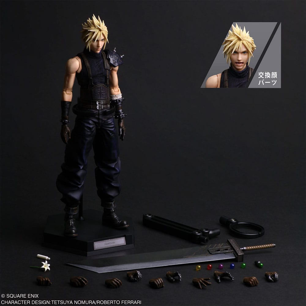 Cloud Strife Play Arts figure with stand, Buster Sword, materia, hands and alternate face part