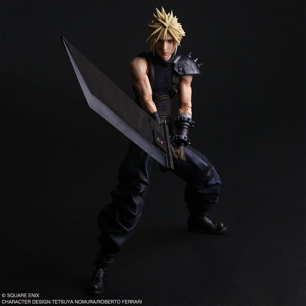 Cloud Strife Play Arts figure in a wide stance, Buster Sword angled across his body