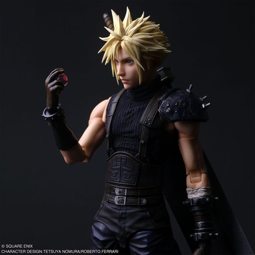 Close-up of the Cloud Strife figure holding a black materia orb in one hand