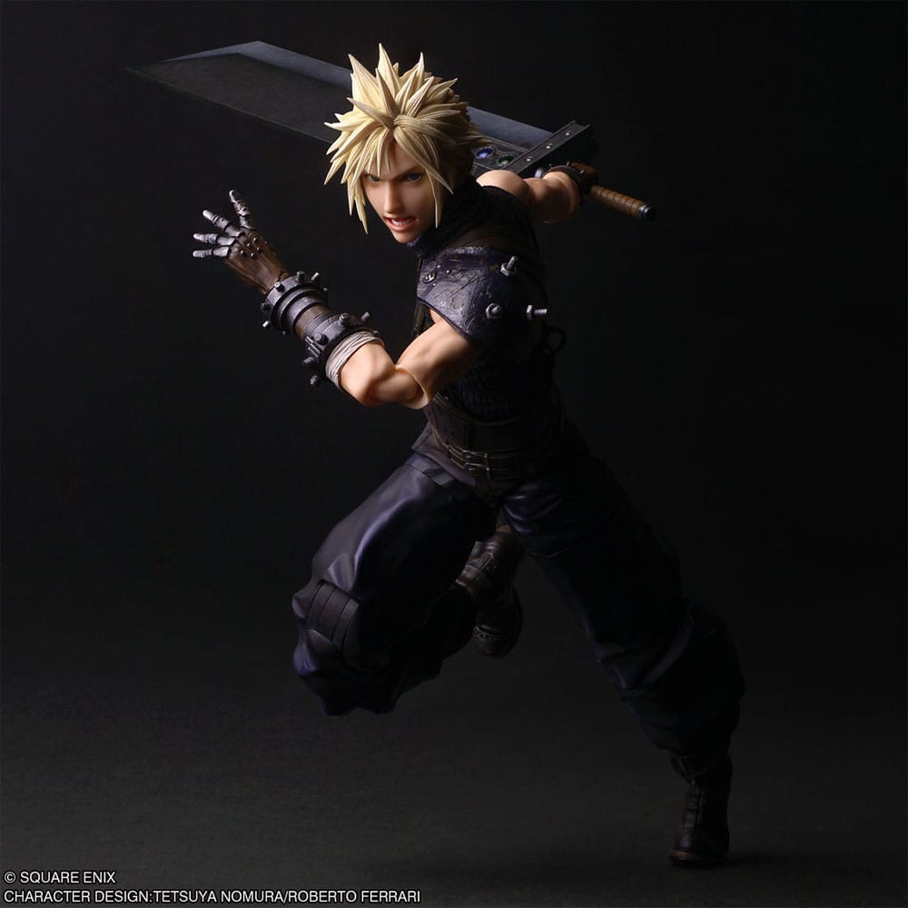 Cloud Strife figure in a crouching battle pose swinging the Buster Sword overhead