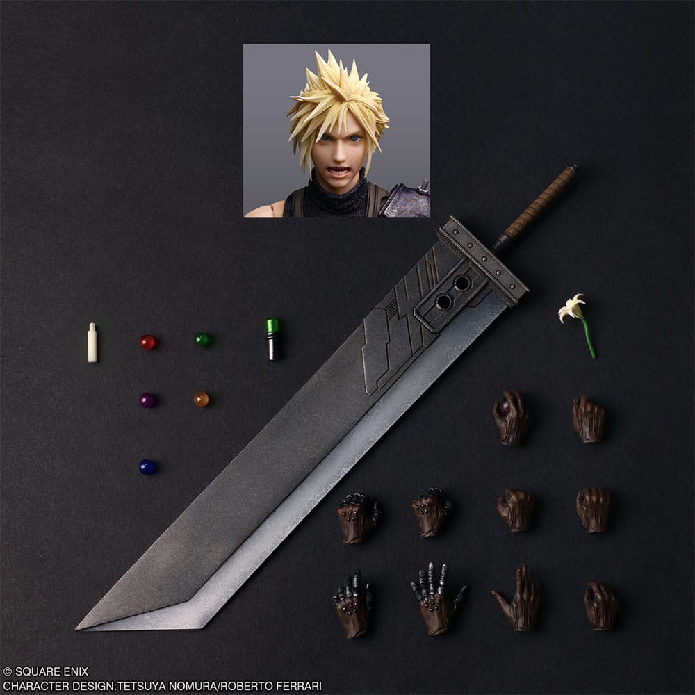 Cloud Strife figure accessories: Buster Sword, coloured materia, flower, swap hands and battle face