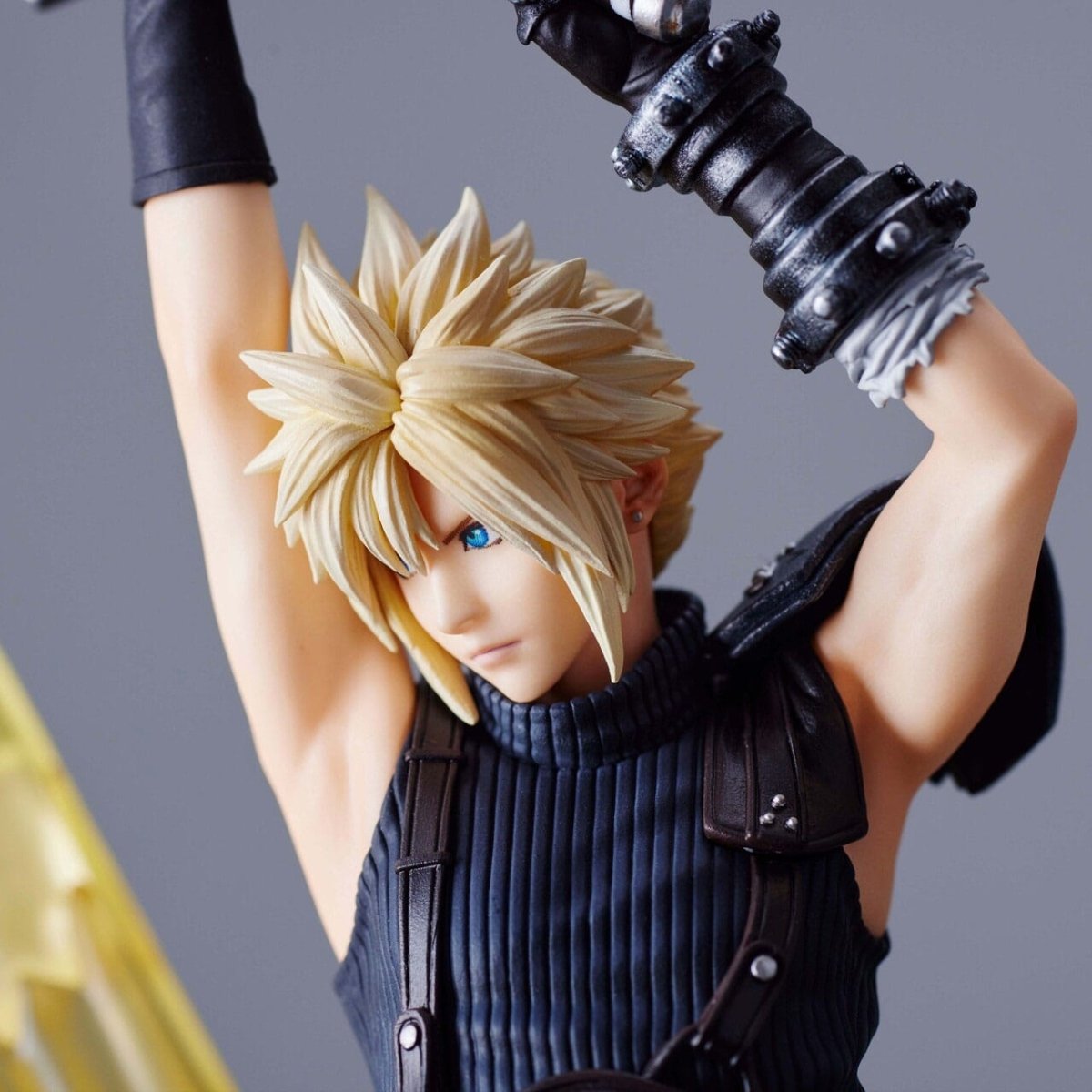 Close-up of Cloud Strife's face and spiky blond hair on the Final Fantasy VII Rebirth 30cm figure