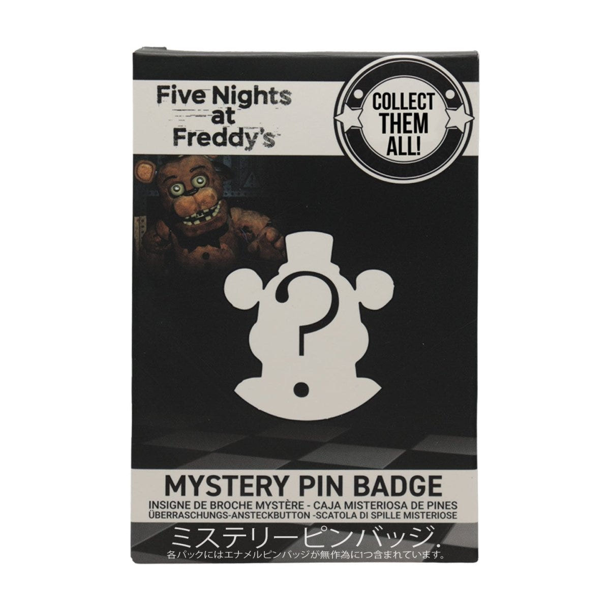 Five Nights at Freddy's Mystery Pin Badge blind box, straight-on front view