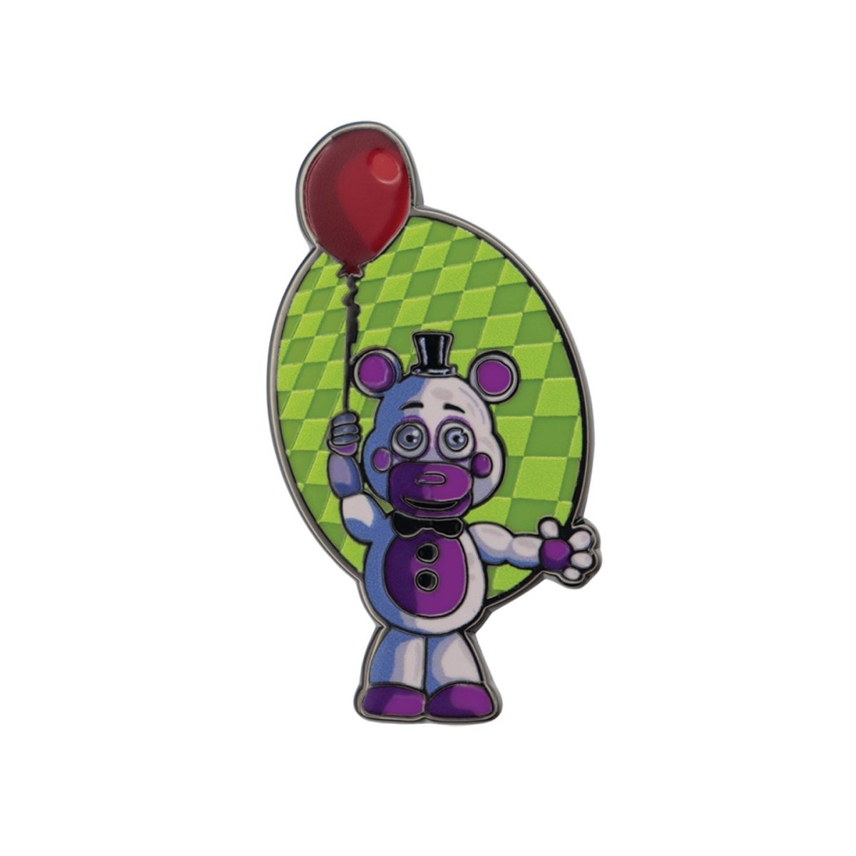 Five Nights at Freddy's Helpy enamel pin badge holding a red balloon on a green oval