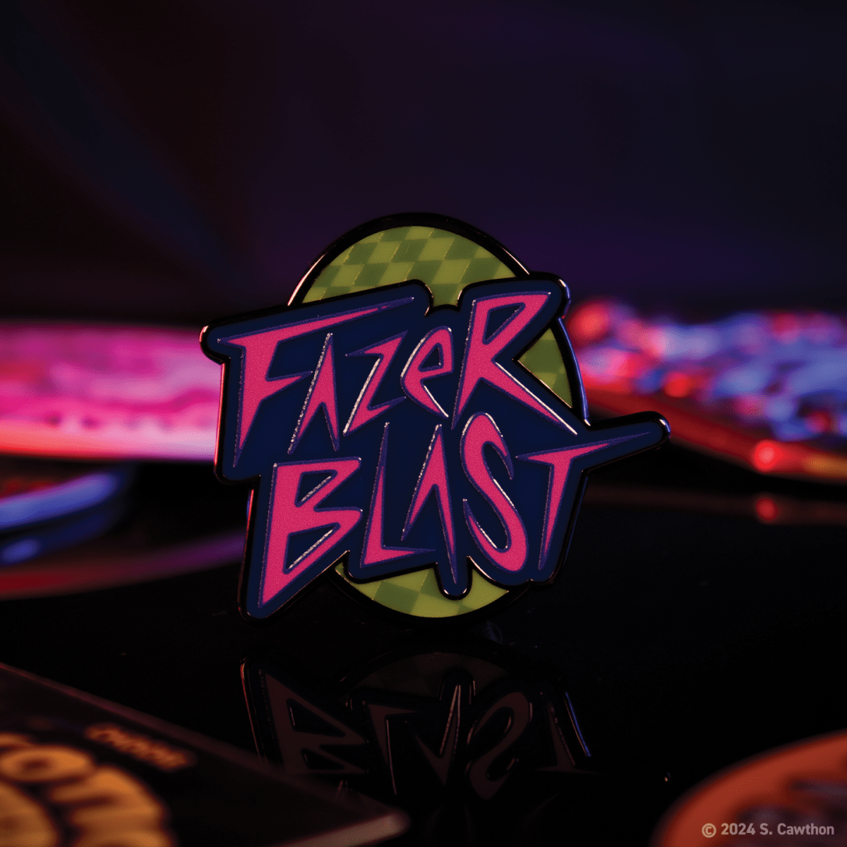 Five Nights at Freddy's Fazer Blast pin badge in a moody neon-lit lifestyle shot