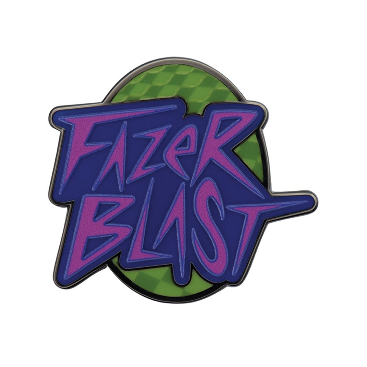 Five Nights at Freddy's Fazer Blast logo enamel pin badge in purple on a green chequered oval