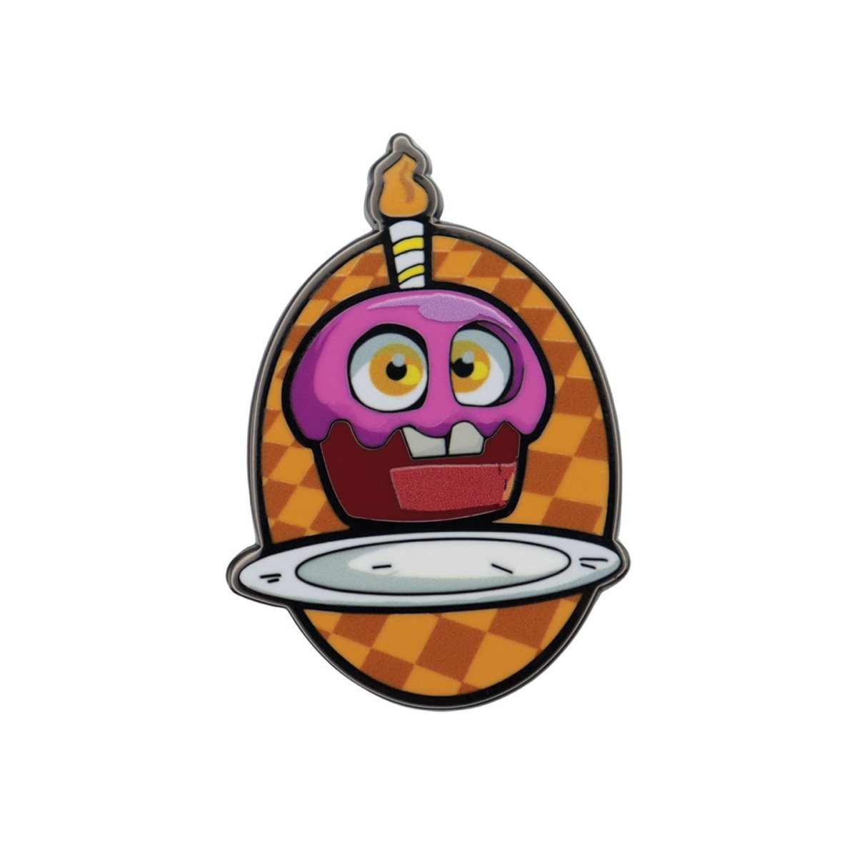 Five Nights at Freddy's Cupcake enamel pin badge on an orange chequered oval