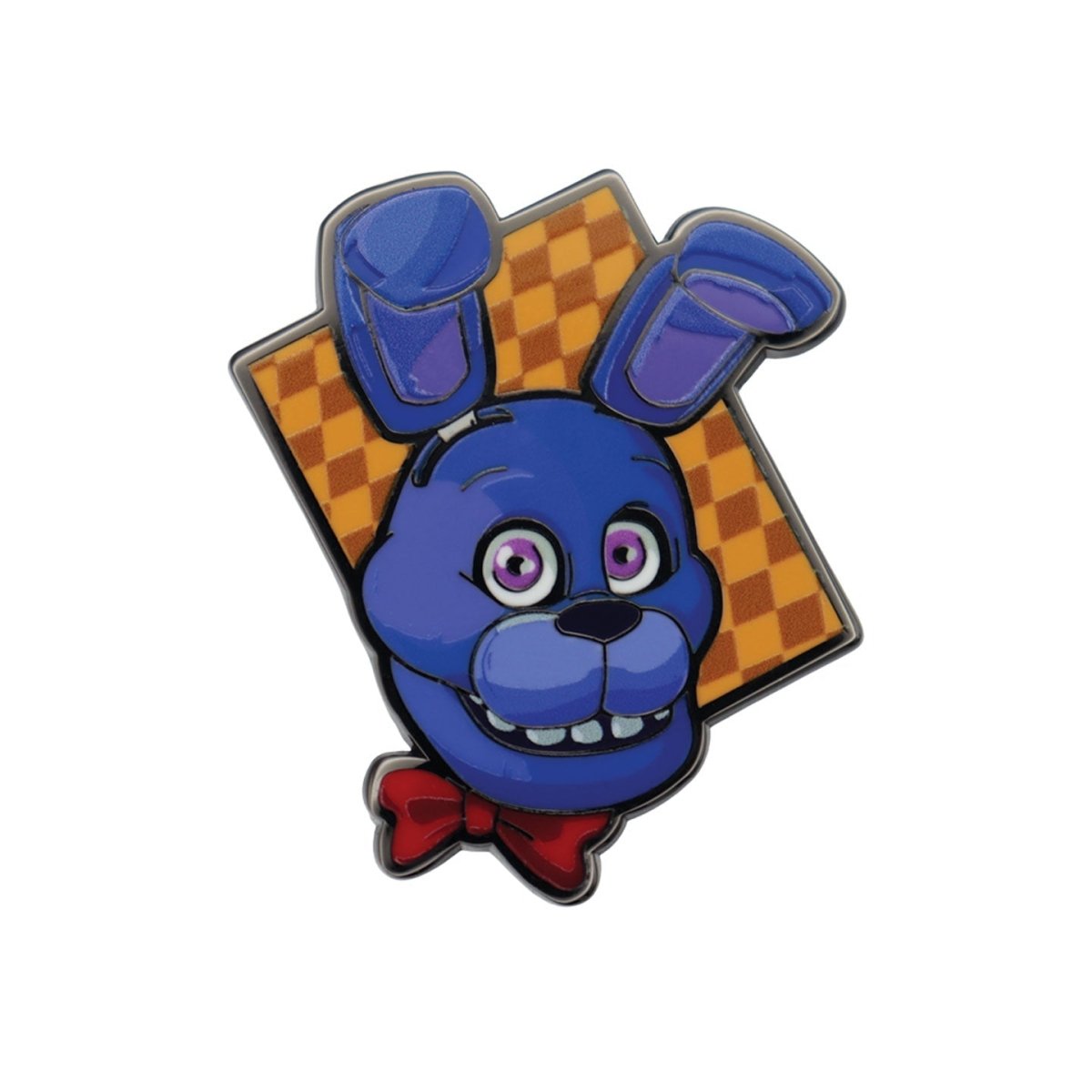 Five Nights at Freddy's Bonnie enamel pin badge with red bow tie on an orange chequered panel