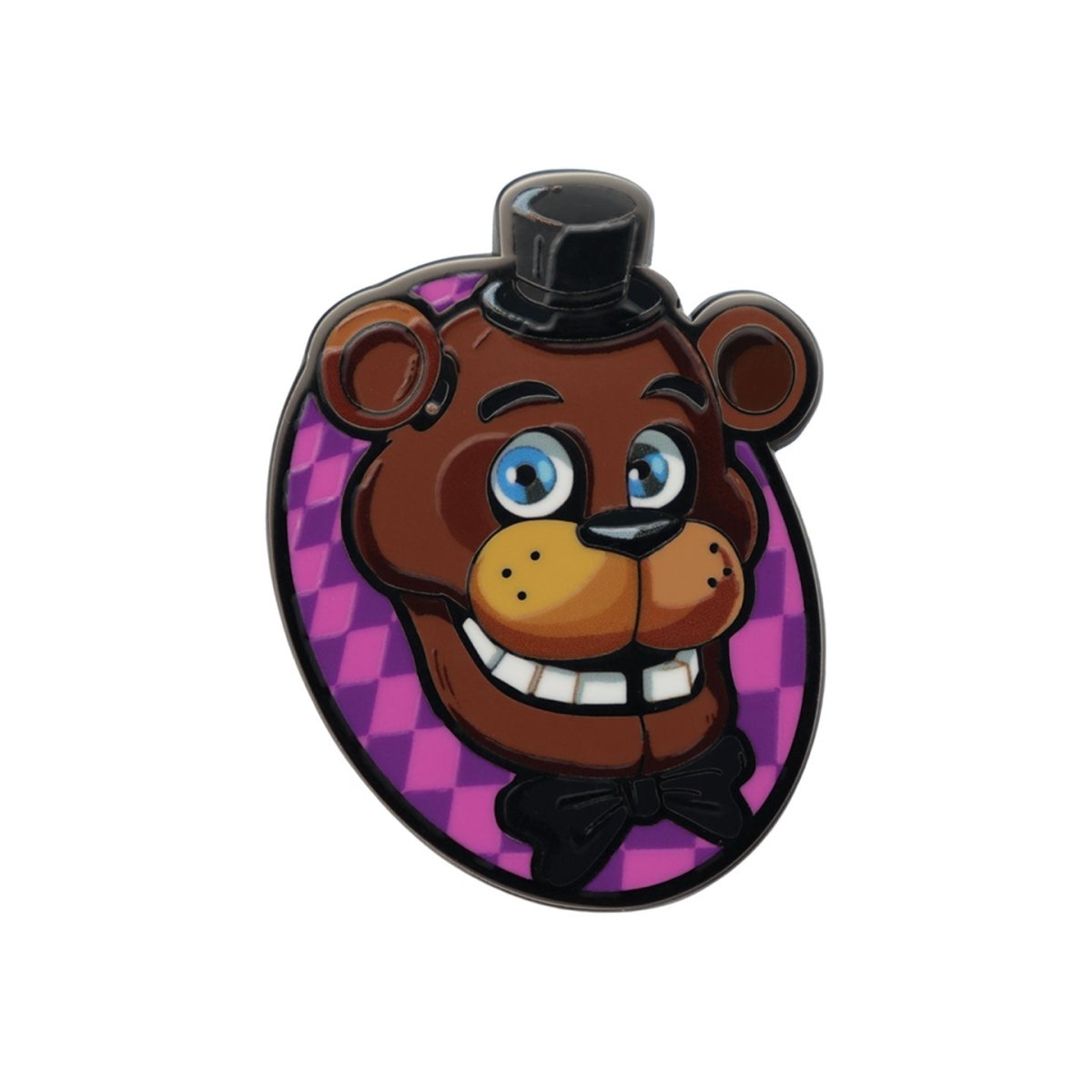 Five Nights at Freddy's Freddy Fazbear enamel pin badge with top hat on a purple oval
