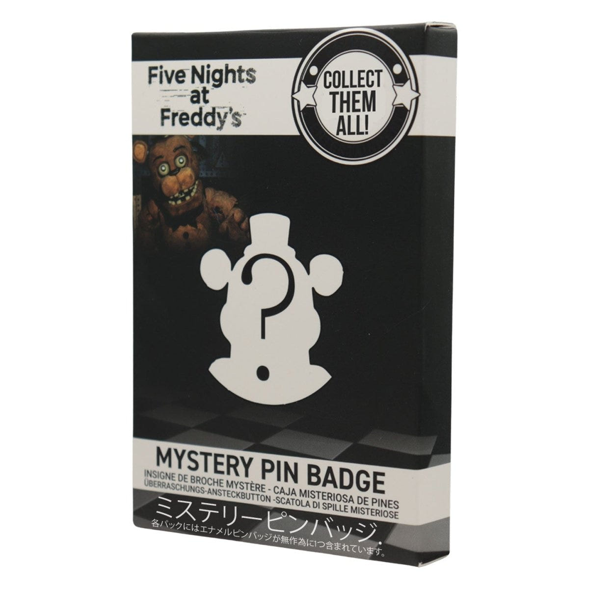 Five Nights at Freddy's Mystery Pin Badge blind box by Fanattik, front view with a question-mark figure