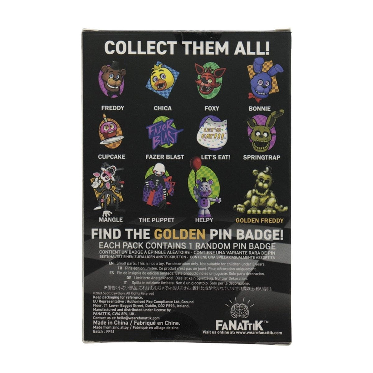 Back of the Five Nights at Freddy's Mystery Pin Badge box showing the collectable checklist
