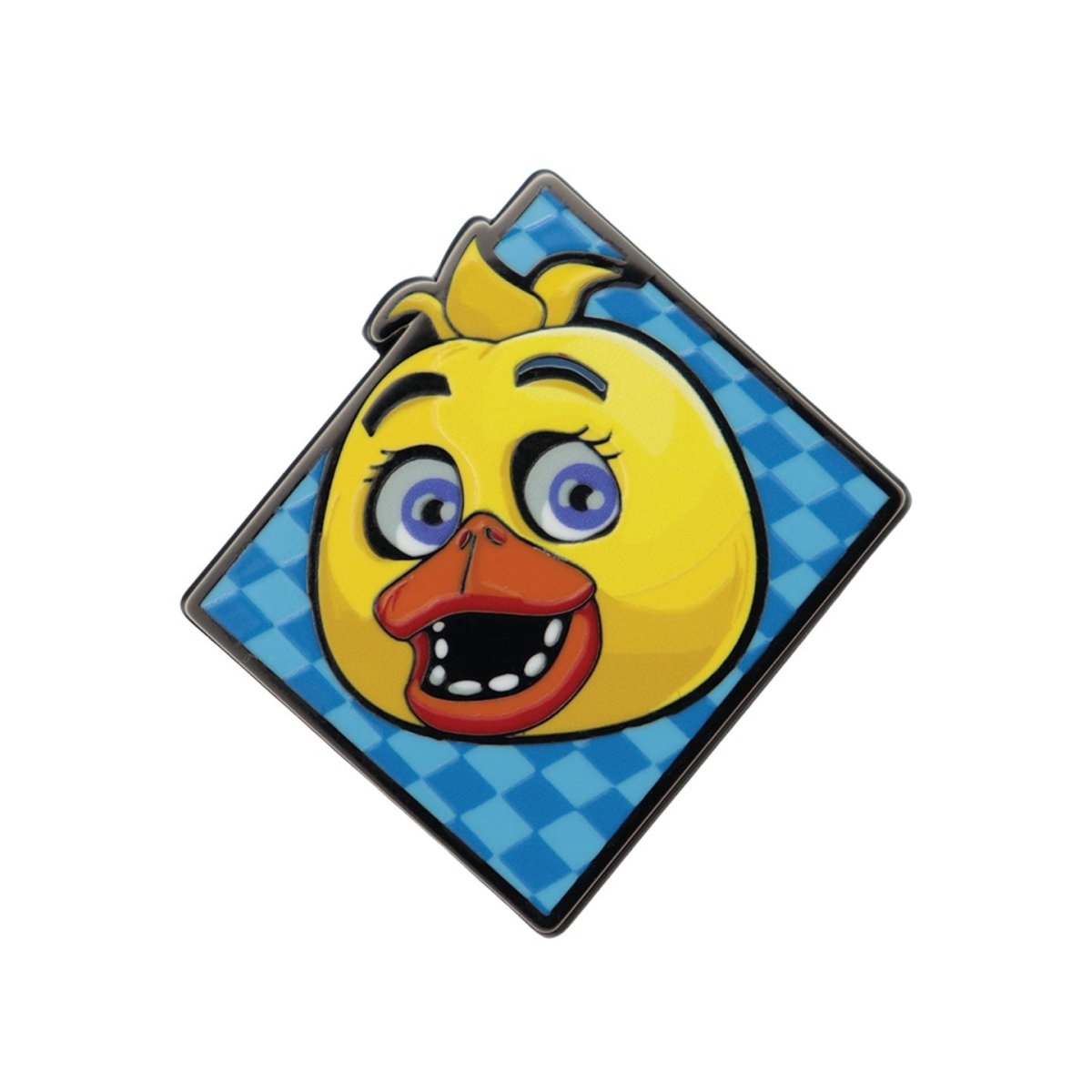 Five Nights at Freddy's Chica enamel pin badge on a blue diamond chequered background