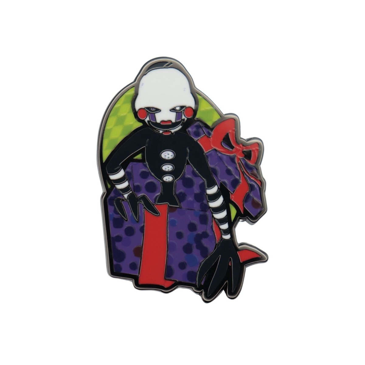Five Nights at Freddy's The Puppet enamel pin badge on a green and purple chequered panel