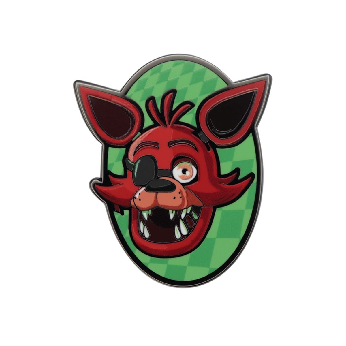 Five Nights at Freddy's Foxy enamel pin badge with eye patch on a green chequered oval
