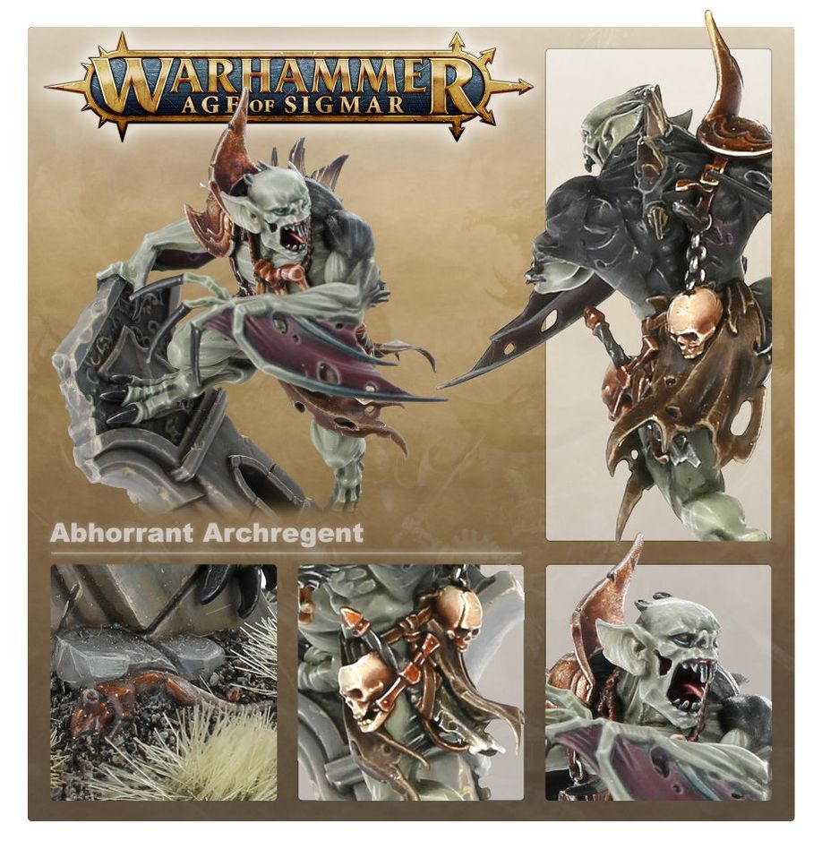 Abhorrant Archregent Games Workshop showcase panel with close-ups of the head, claws and skull trophy