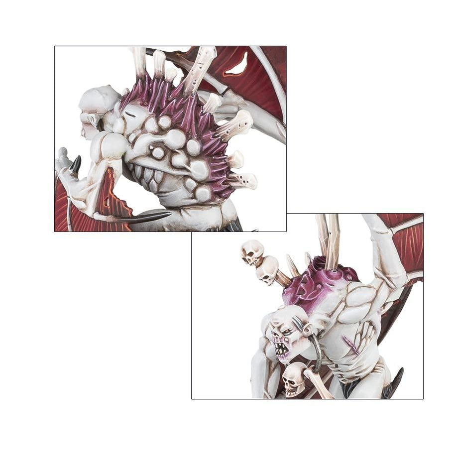 Close-ups of a painted Crypt Flayer's spiked back and a skull trophy on its body