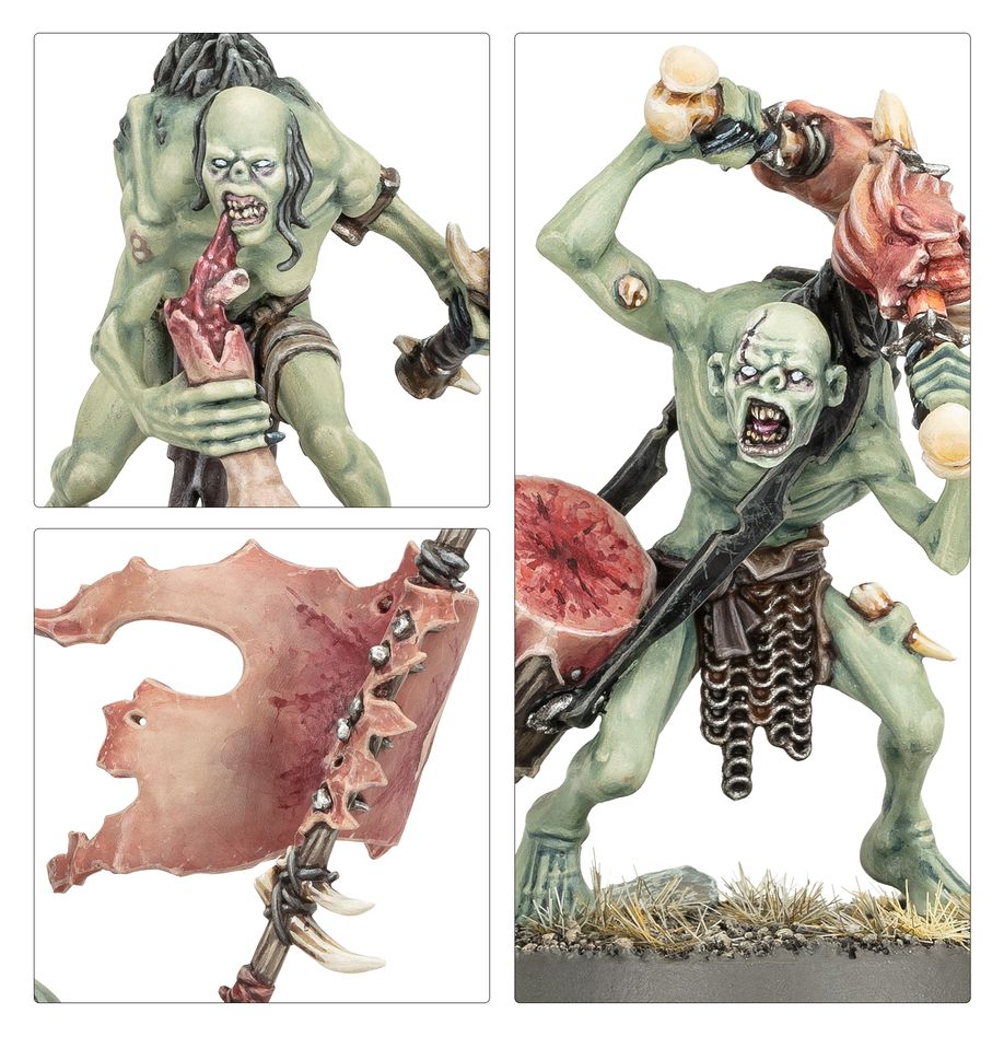 Close-ups of painted Cryptguard: ghoul gnawing a limb, tattered skin banner and drum-carrying ghoul