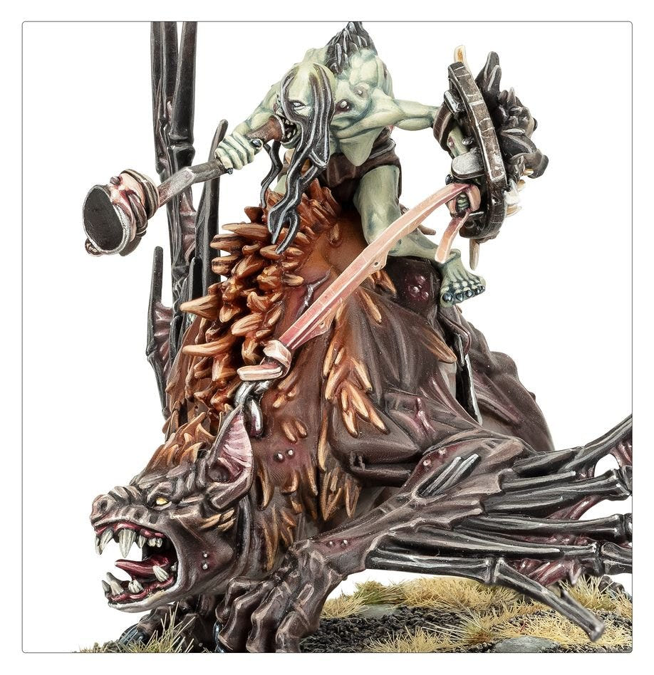 Close-up of a painted Morbheg Knight ghoul with shield and flail on its nightshrieker mount