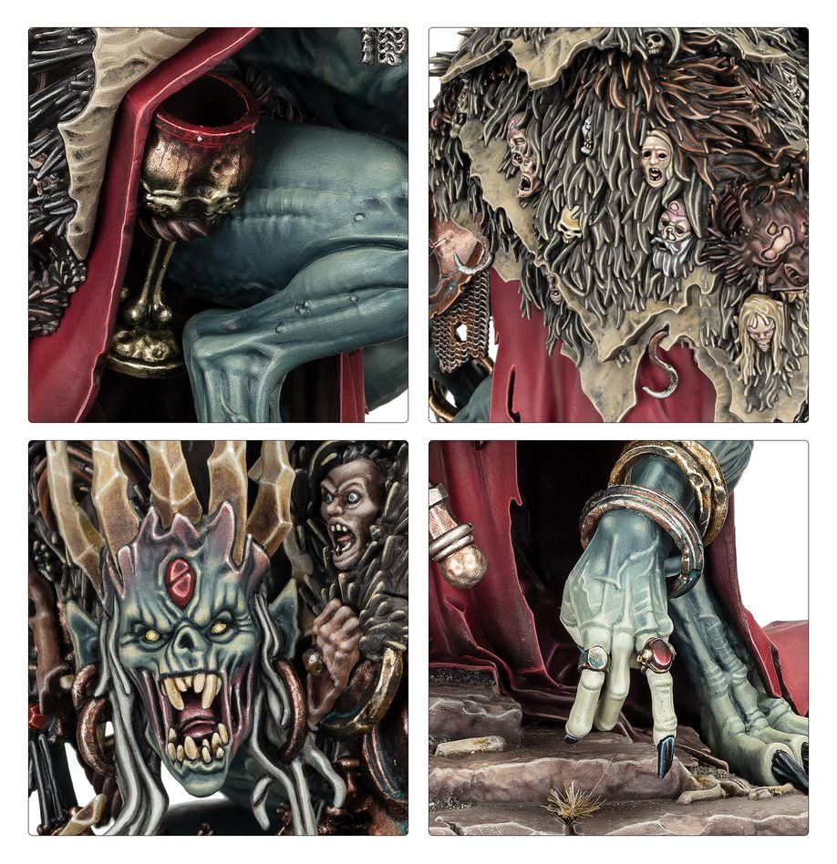 Close-ups of painted Ushoran: goblet in hand, feathered cloak, fanged crowned face and clawed hand