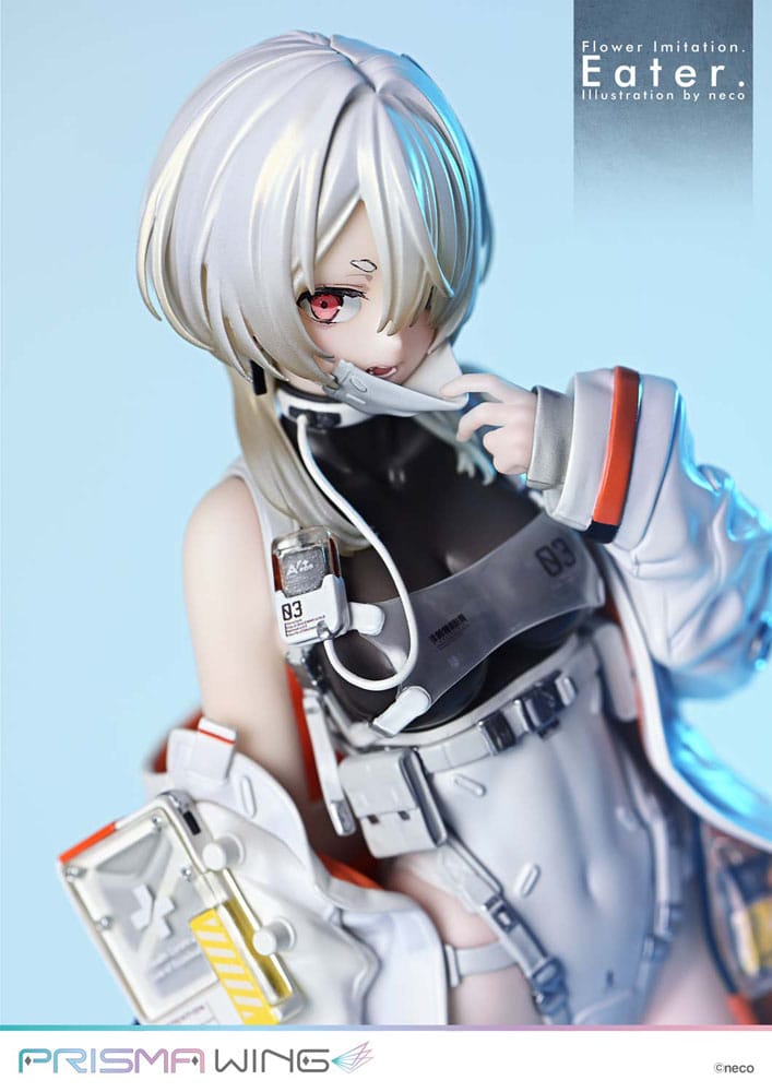 Close-up of Prisma Wing Eater in white bodysuit and jacket against a pale blue backdrop