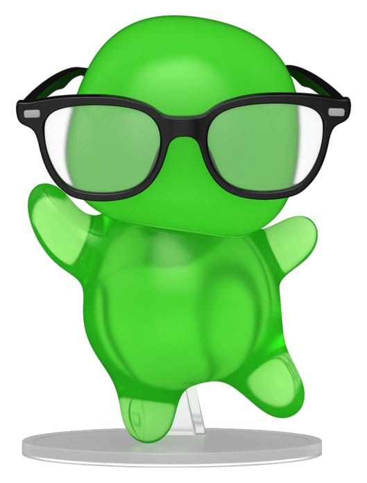 Funko Pop! Flubber figure in translucent green wearing black glasses on a clear base