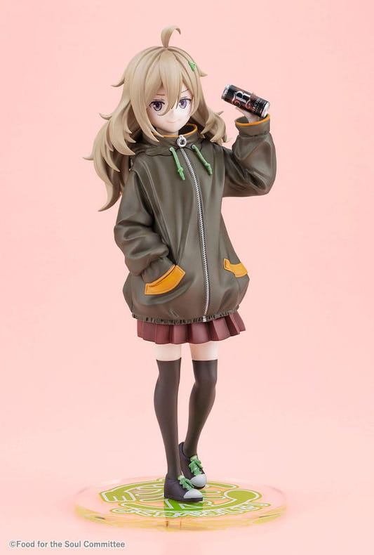 Kotobukiya Food for the Soul Tsutsuji Higa 1/7 statue in oversized green hoodie with drink can