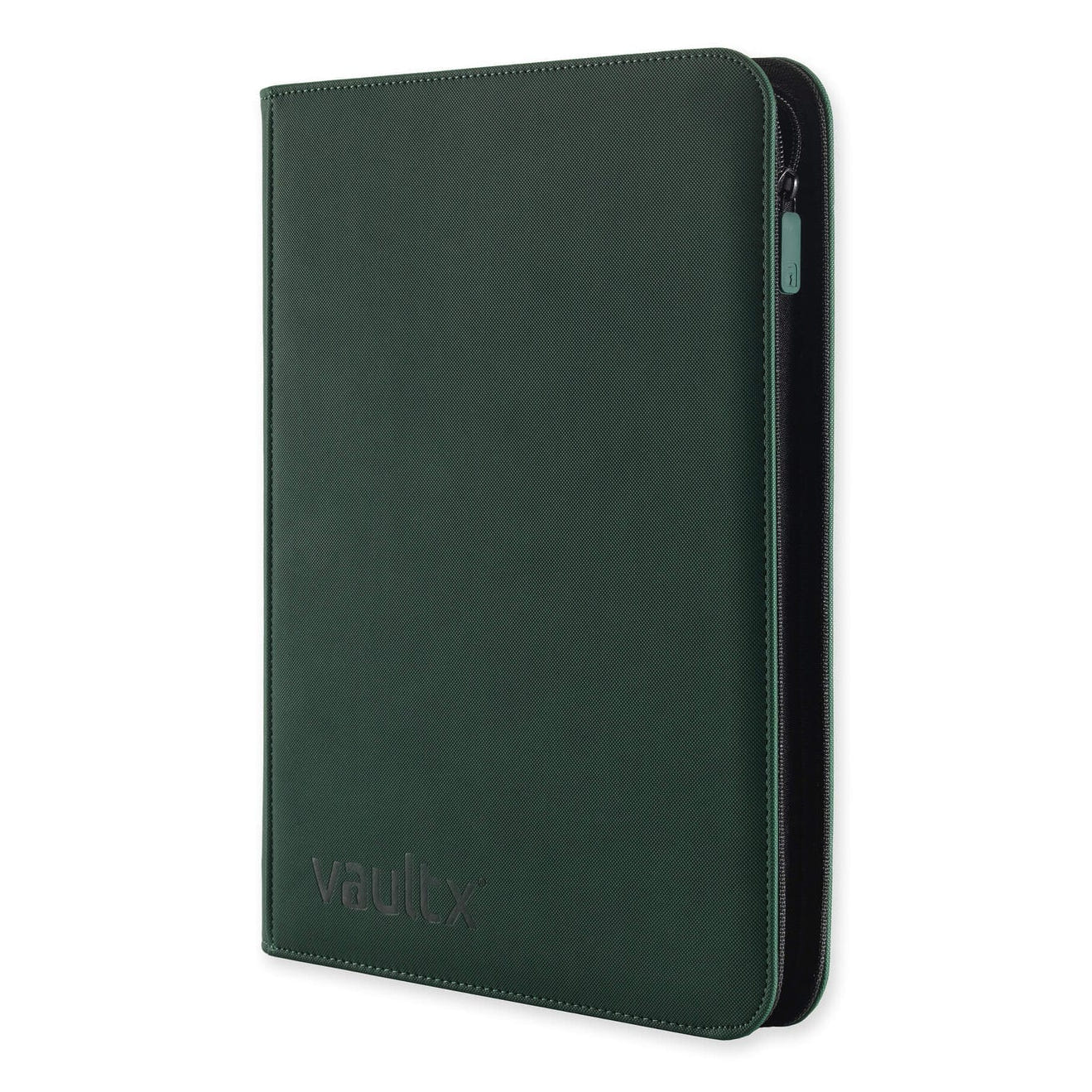 Green trading card binder with 'vaultx' branding on a white background