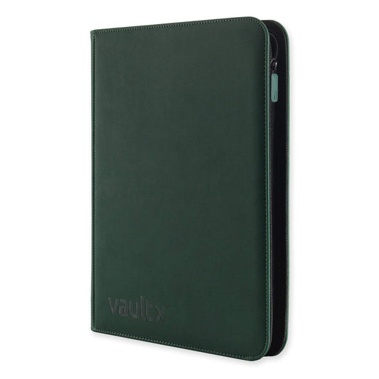 Green trading card binder with 'vaultx' branding on a white background