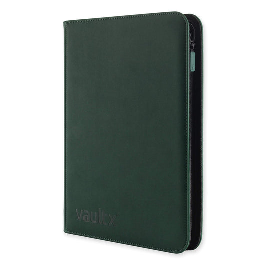 Green trading card binder with 'vaultx' branding on a white background