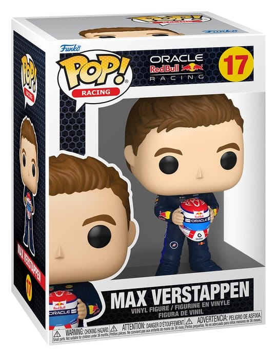 Max Verstappen holding helmet Pop! Racing vinyl figure in its window box, number 17