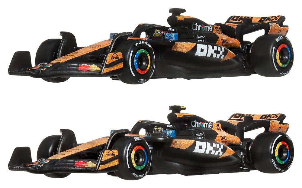 Hot Wheels Premium McLaren F1 cars, both 1:64 die-cast models in papaya and black side view