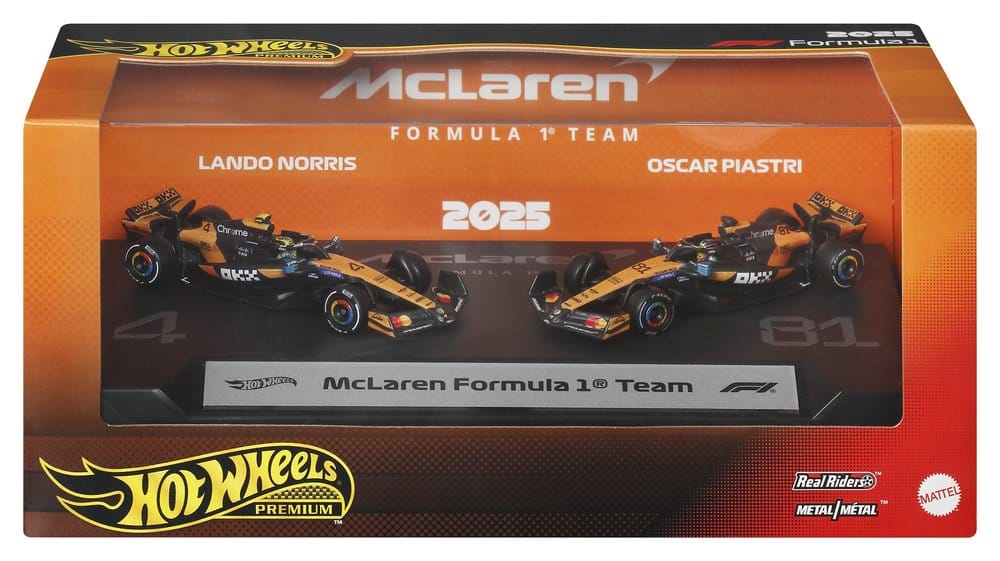 Hot Wheels Premium McLaren 2-pack box front showing both 1:64 F1 cars on display bases