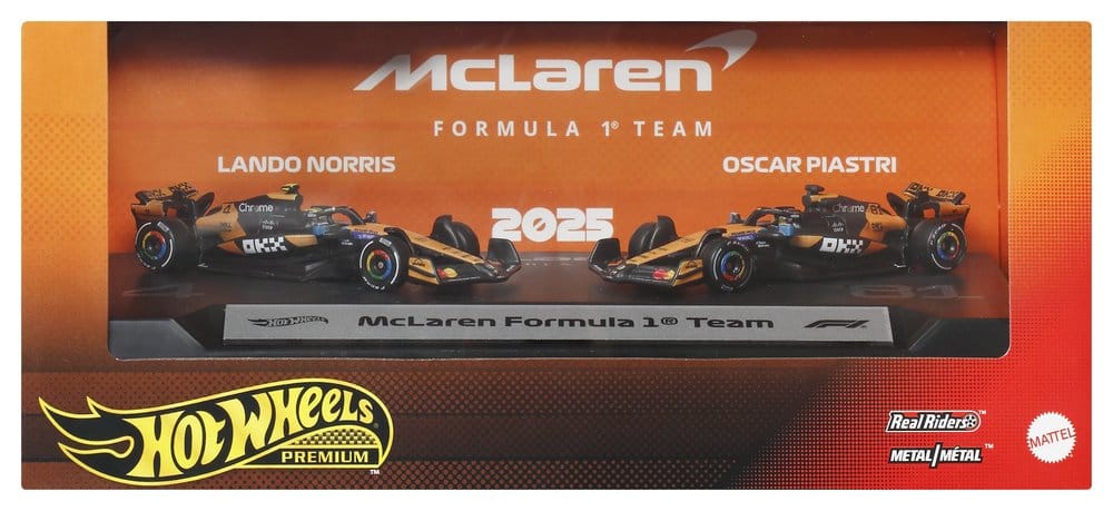 Hot Wheels Premium McLaren Formula 1 Team 2-pack box, straight-on front view