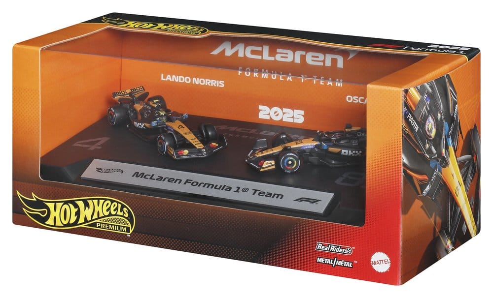 Hot Wheels Premium McLaren Formula 1 Team 2-pack window box, angled view with Norris and Piastri