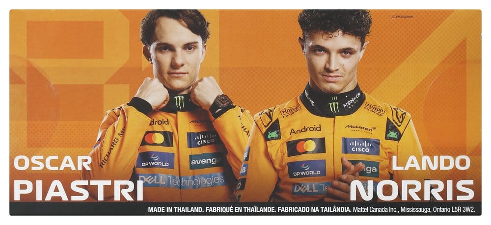 Back of the Hot Wheels Premium McLaren 2-pack box with photos of Oscar Piastri and Lando Norris