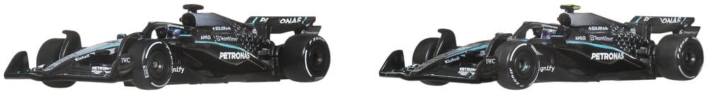 Two Hot Wheels Premium Mercedes-AMG PETRONAS 1:64 F1 cars shown side by side