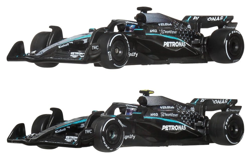Hot Wheels Premium Mercedes-AMG PETRONAS F1 cars, both 1:64 die-cast models in side view