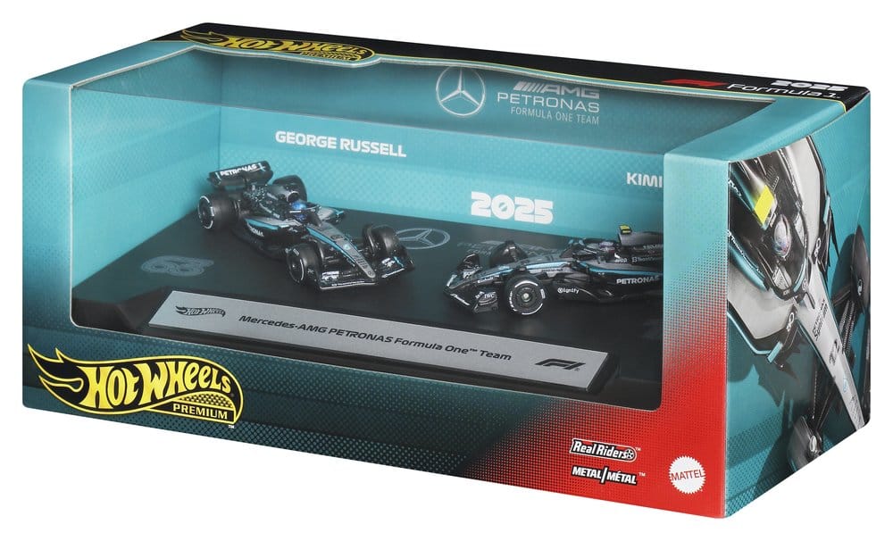 Hot Wheels Premium Mercedes-AMG PETRONAS 2-pack window box, angled view with Russell and Antonelli