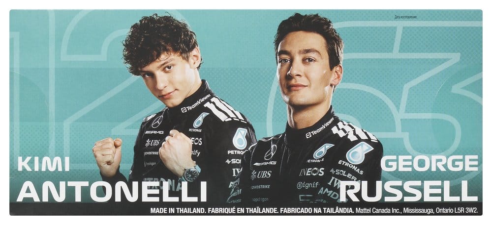 Back of the Hot Wheels Premium Mercedes 2-pack box with photos of Kimi Antonelli and George Russell