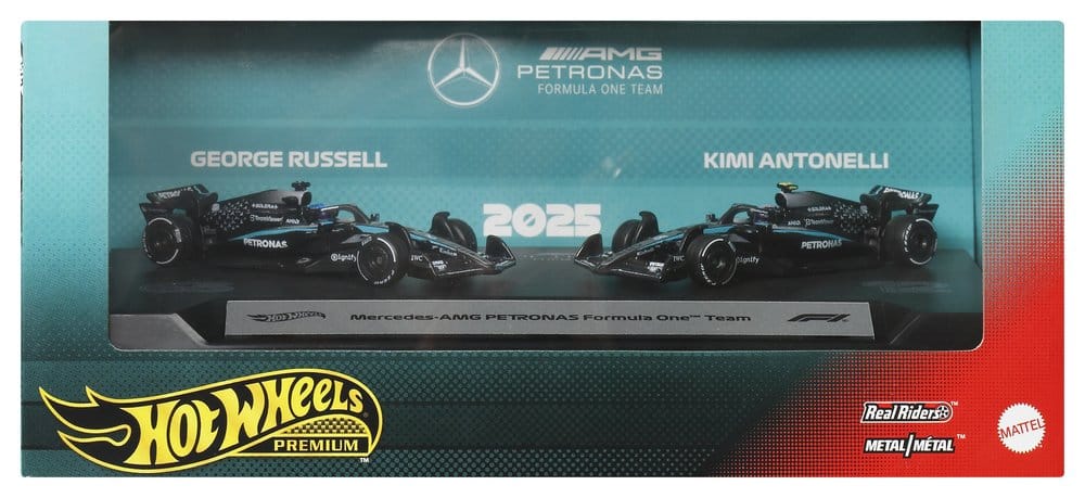 Hot Wheels Premium Mercedes-AMG PETRONAS F1 2-pack box, straight-on front view