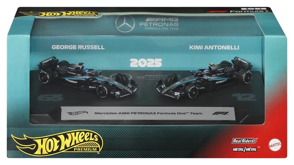 Hot Wheels Premium Mercedes-AMG PETRONAS 2-pack box front showing both 1:64 F1 cars on bases