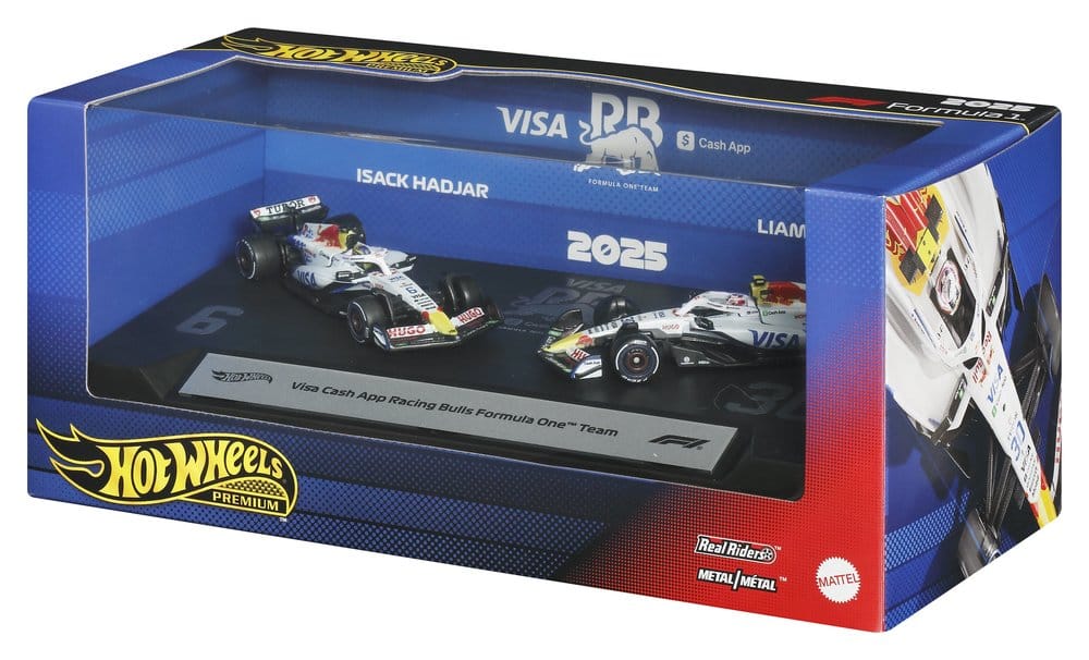 Hot Wheels Premium Visa Cash App Racing Bulls 2-pack window box, angled view with Hadjar and Lawson