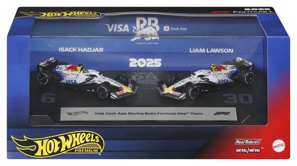 Hot Wheels Premium Racing Bulls 2-pack box front showing both 1:64 F1 cars on display bases